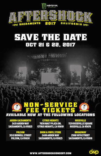 Flyer for Monster Energy AFTERSHOCK no ticket fee ticket presale at Dimple Records, with list of record store locations