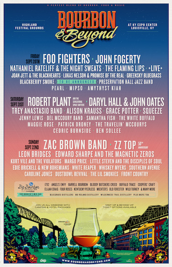 Bourbon & Beyond flyer with music & bourbon lineups and venue details