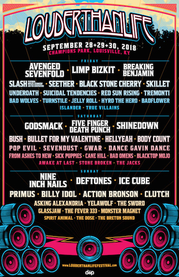 Louder Than Life flyer with daily band lineup and venue details