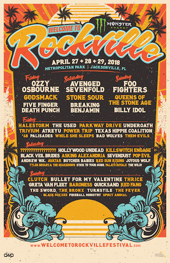 Monster Energy Welcome To Rockville 2018 flyer with daily band lineup and venue details