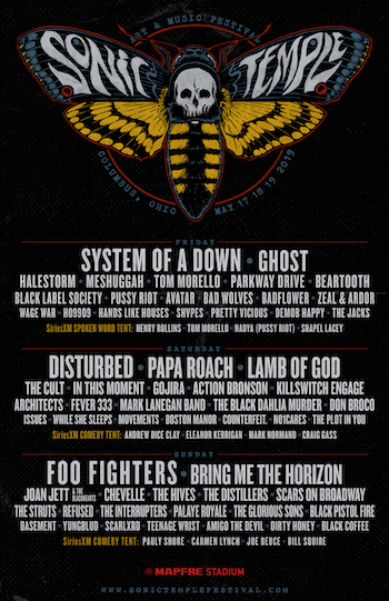 Sonic Temple Art + Music Festival flyer with music, comedy & spoken word lineup + venue details